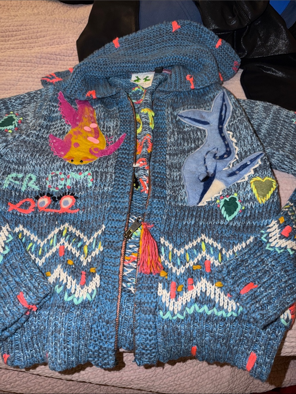 Anthropologie Blue Hooded Knit Sweater with Colorful Appliqués